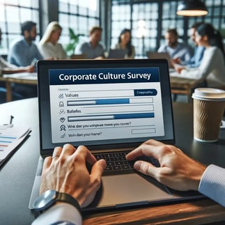 A close-up image of hands working on a laptop, with a focus on a corporate culture survey being filled out. The screen displays questions related to v