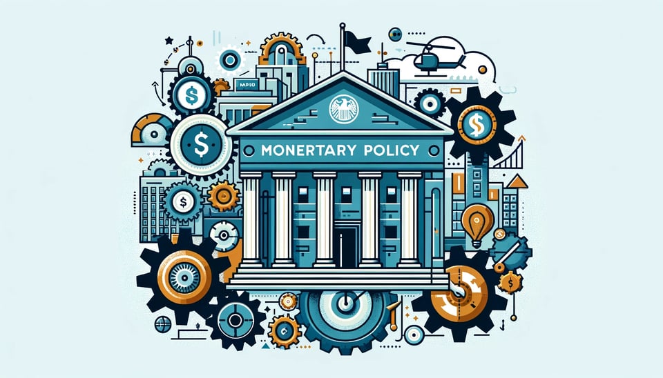 An image showing a central bank, gears, and arrows, symbolizing how monetary policy impacts the economy and financial markets.