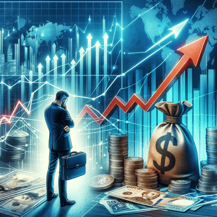 DALL·E 2023-12-23 11.48.14 - A conceptual image depicting the impact of inflation on a business, with visuals of rising cost arrows, shrinking currency value, and a worried busine