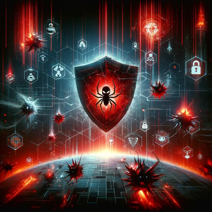 Illustration of a cyber attack with a cracked shield, malicious code, and malware icons, highlighting digital vulnerability in red and black