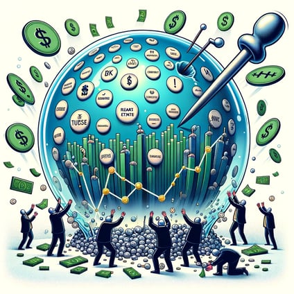 Illustration of an asset bubble with a balloon labeled with financial symbols, investors, and a looming pin, depicting risk.