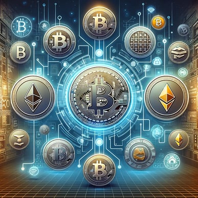 Illustration of digital currencies like Bitcoin and Ethereum with symbols, and blockchain elements, in a futuristic digital backdrop.