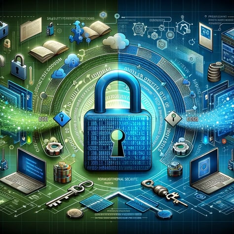 Illustration showing data encryption with an open lock, digital data to encrypted code, and key symbols in a secure, blue-green background.