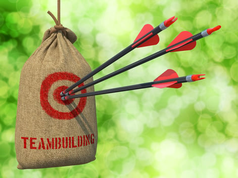 Teambuilding - Three Arrows Hit in Red Target on a Hanging Sack on Natural Bokeh Background.-1